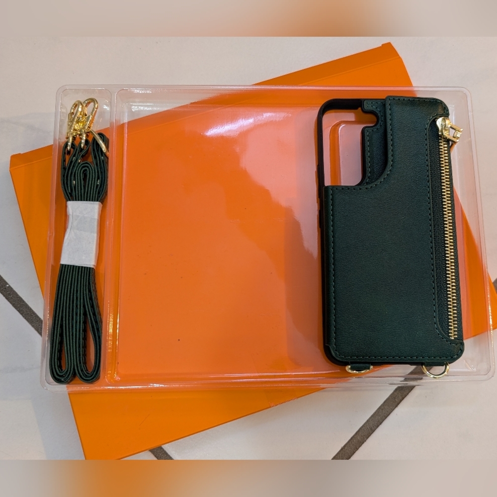 Samsung Galaxy S22 Case with Card Holder and Crossbody Strap - Dark Green